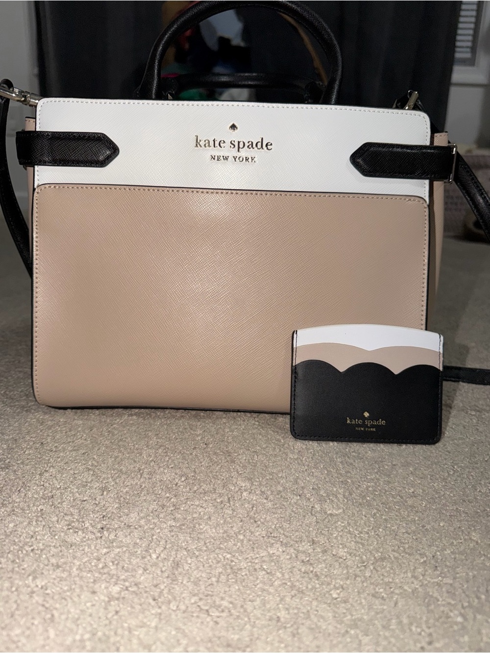 kate spade Colorblock Pebble Leather Satchel in Beige, White & Black